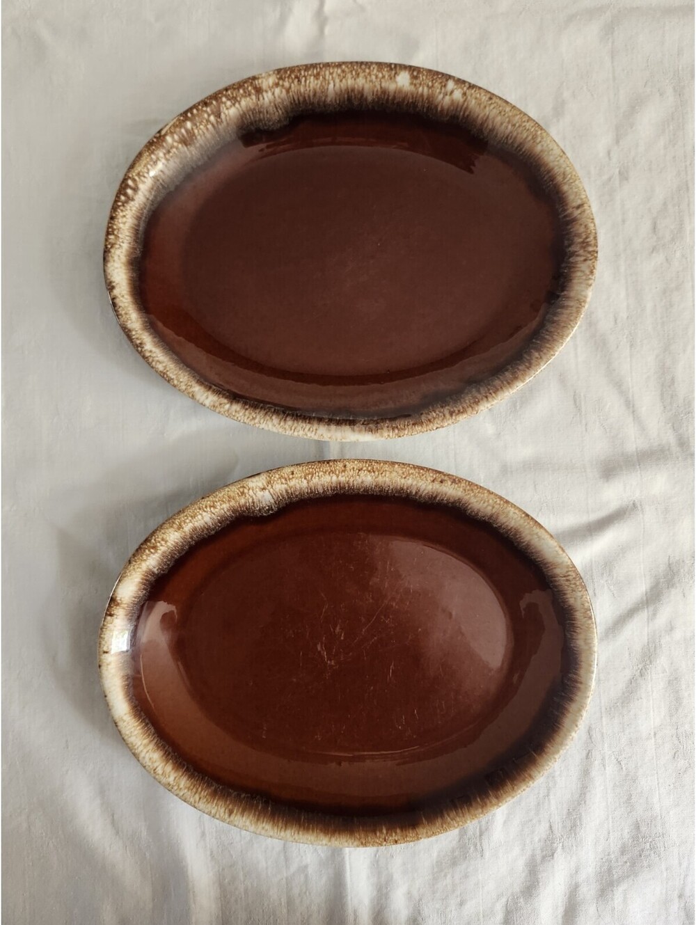 Hull Pottery Brown Drip Glaze 12" Oval Platter Dinner Plates Set of 2 Vintage